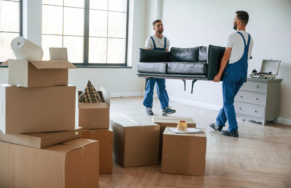 Two professionals from a moving company carefully carrying a black leather sofa in a bright, spacious room.