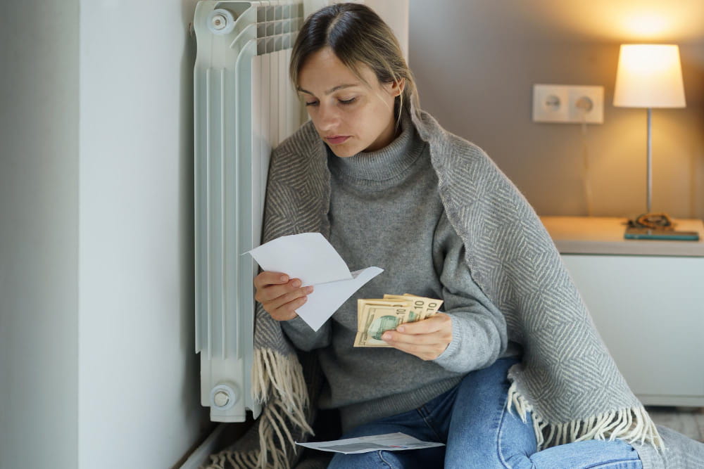 A concerned woman wrapped in a blanket sits on the floor by a home radiator, looking at a heating bill and counting cash, illustrating the financial strain of inconsistent temperatures and rising utility bills.