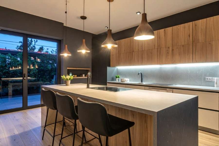 A modern kitchen cabinet design featuring wooden upper units and an island with bar stools.