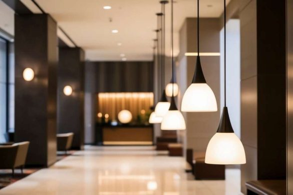Modern hanging lights aligned along a hotel hallway.